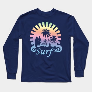 Surfer with Board in Silhouette Retro Design Long Sleeve T-Shirt